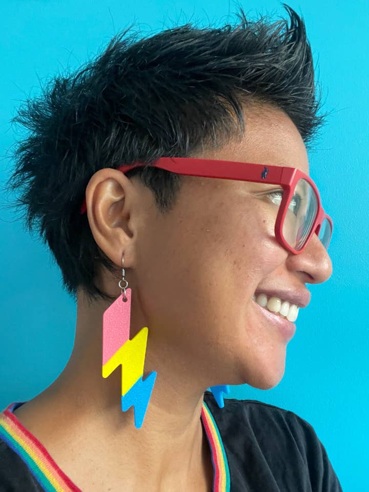 PANSEXUAL LIGHTNING Drop & Stud 3D Earrings for wholesale by Two Brides Presents