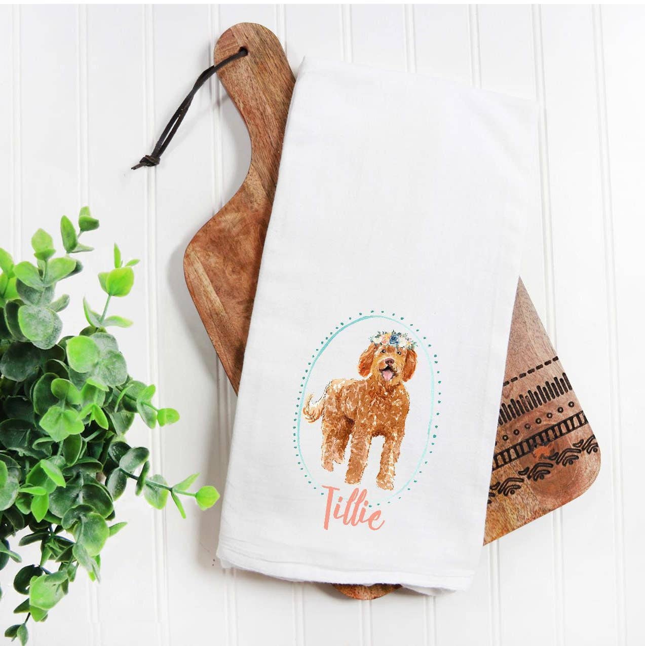 The Preppy Pineapple Home - Venta al por mayor Paños de cocina - Toalla para sacos de harina Goldendoodle de albaricoque2