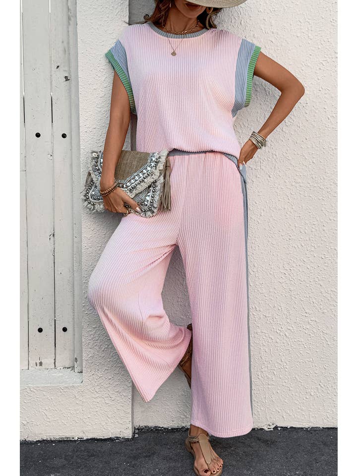 Pink Colorblock Patchwork Short Sleeve Top and Wide Leg Pants for wholesale on Faire