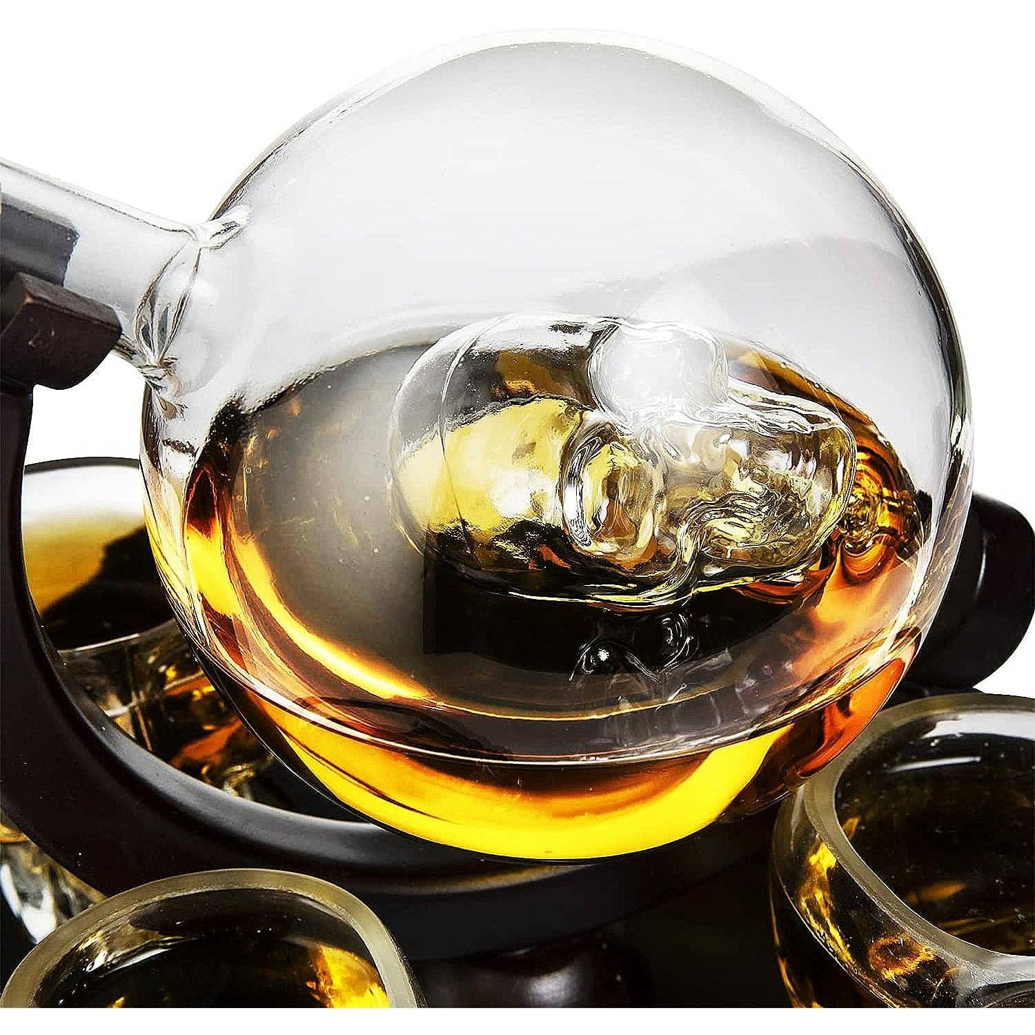 The Wine Savant /  Khen Glassware - Wholesale Decanter - Large Skull Decanter 4 Glasses - Beautiful Wooden Base - By1