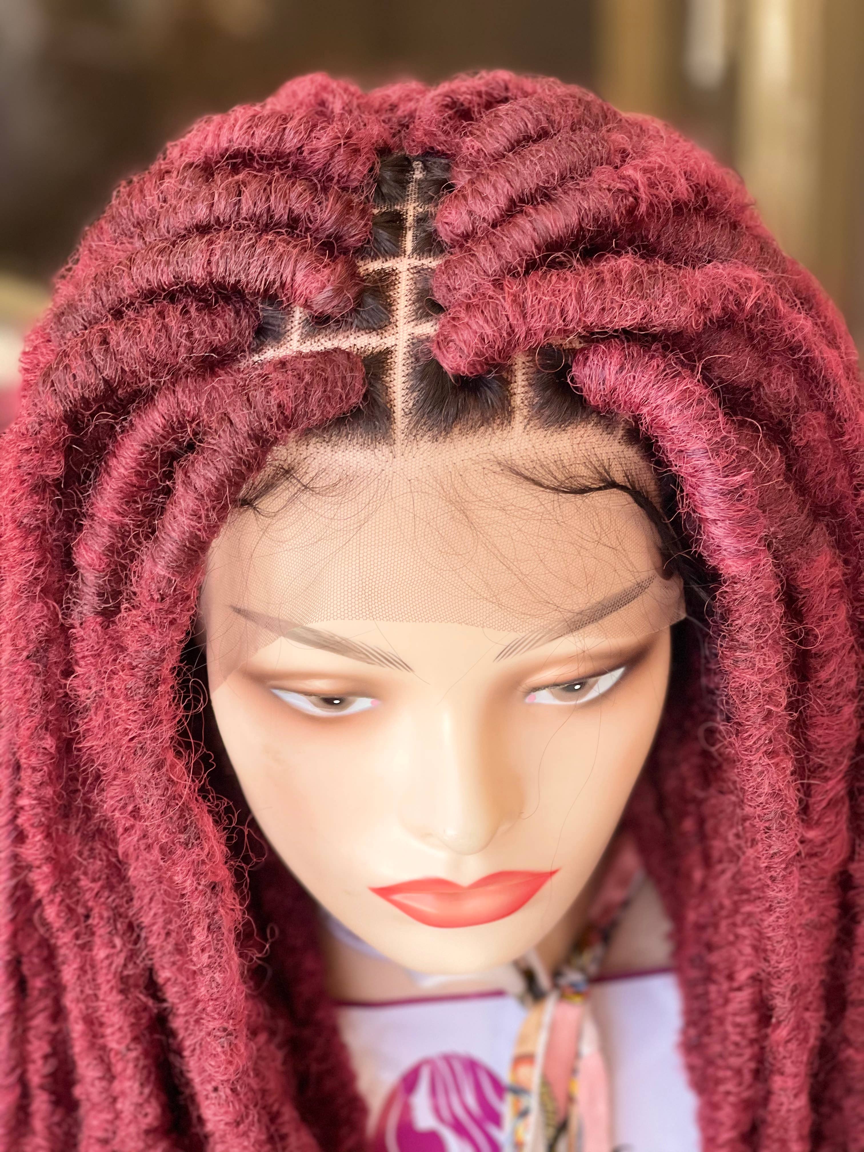 Lamuskwigs – wholesale Wig/hair piece – 36 inche Long distressed faux locs, wine  faux locs wig.2