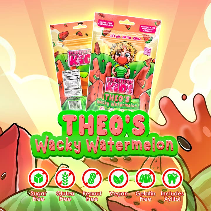 Bubblegum kids - Vendita all'ingrosso Gomme da masticare - Theo's Wacky Watermelon (55 pezzi) Gomma da masticare all'anguria senza zucchero