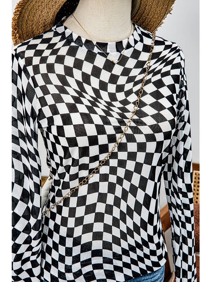 fashionworks - Wholesale Blouse - Women's - Western Checkered Pattern Mesh Mock Neck Long Sleeve Top10