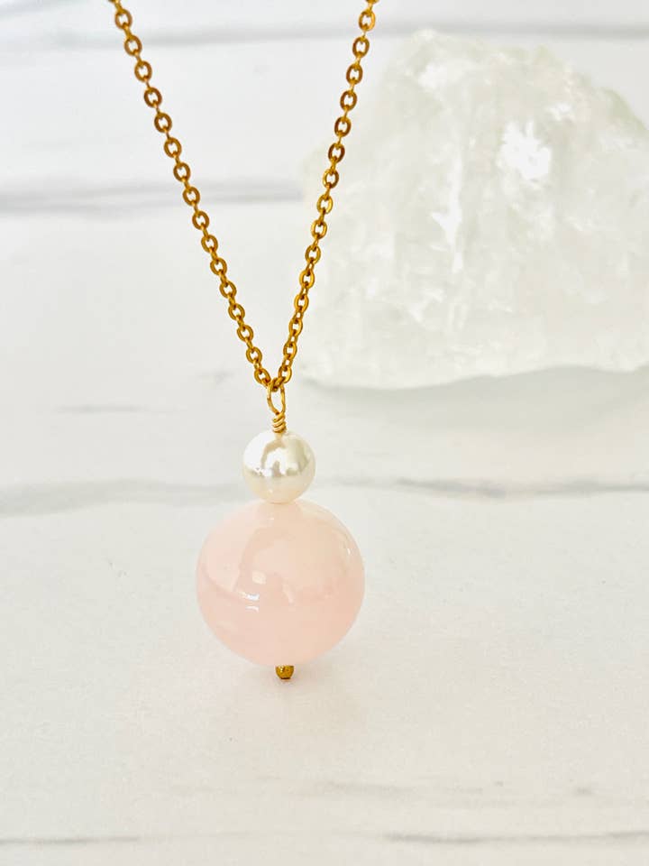 Rose Quartz and a Pearl Delicate Necklace for wholesale by Hand Art Soul