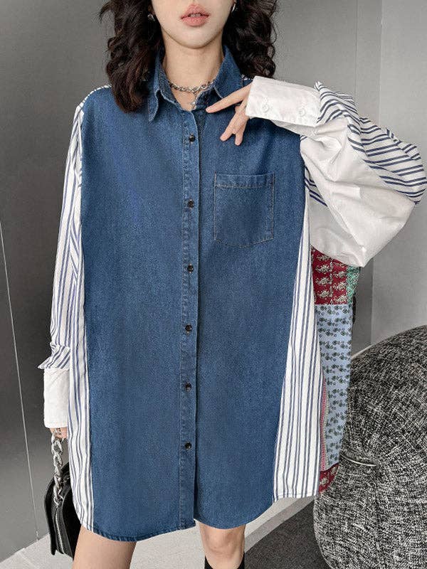 Sheer Trend - Vente Chemise à col boutonné – femme - Blouses et chemises à revers rayés à manches longues, amples et boutonnées, poches de couleur contrastante4