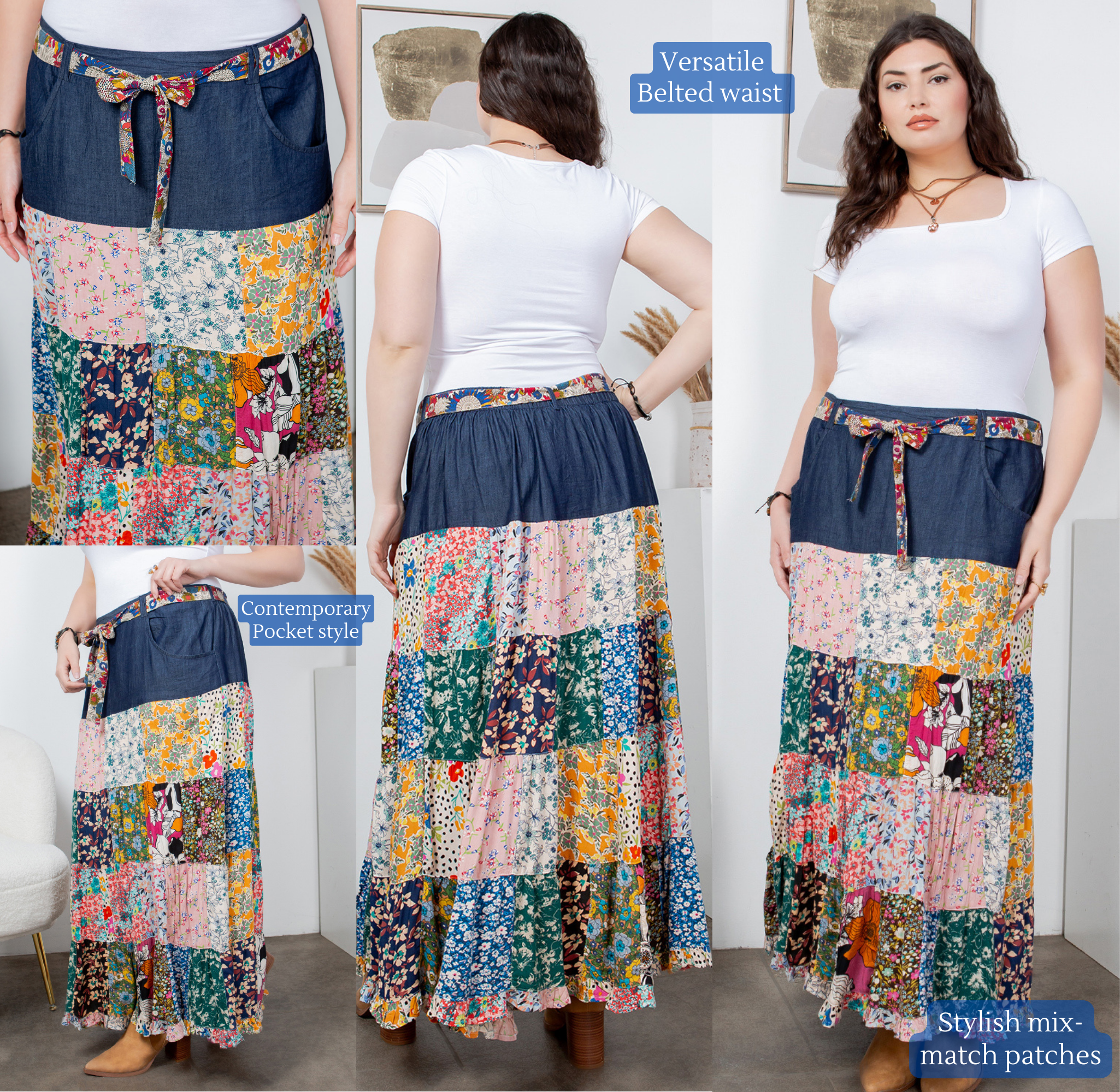 Western Boho Chic: Denim midi Skirt ALSO IN PLUS for wholesale on Faire13