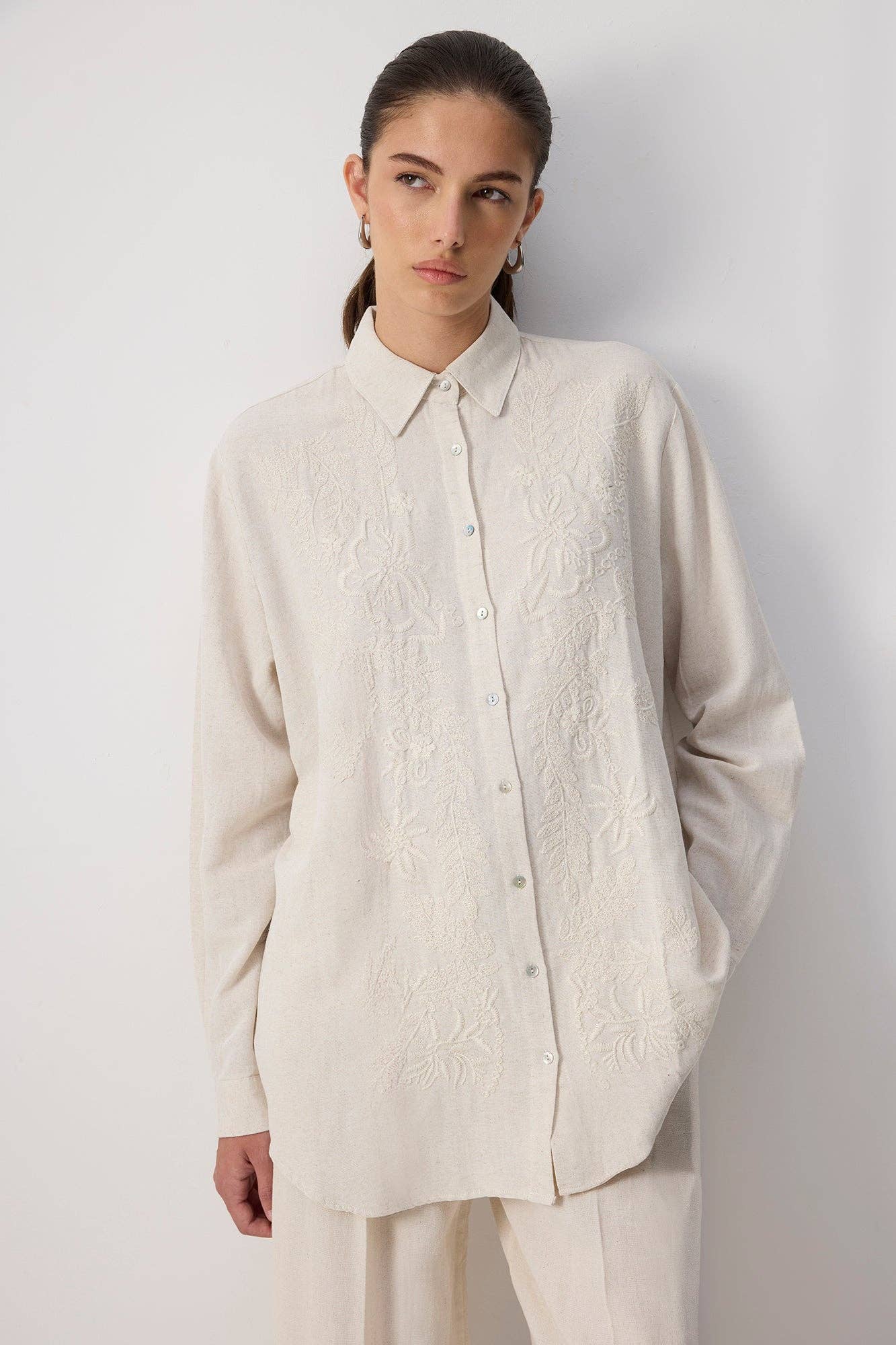 Naturel Embroidered Linen-Blend Longline Shirt – Natural Tone for wholesale on Faire0