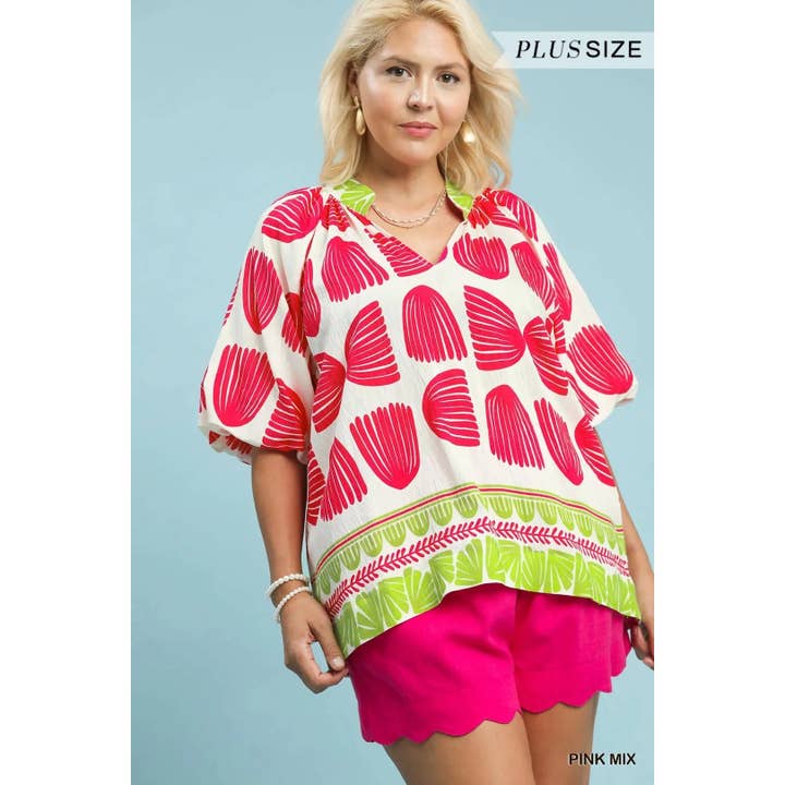 PLUS Shell Block Boarder Print V-Neck Blouse for wholesale by STYLE USA