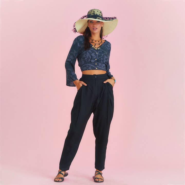 Drop Crotch zwarte geplooide zomerbroek voor wholesale door Los Banditos