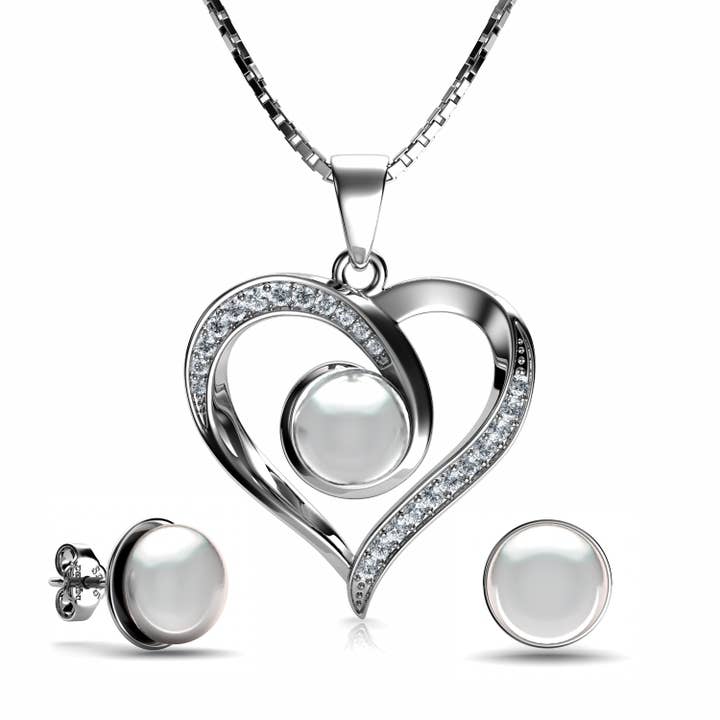 Pearl Jewellery Set Heart Necklace & Heart Earrings Silver Pendat for wholesale by DEPHINI