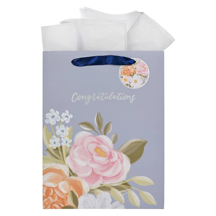 Gift Bag LG Portrait Blue Floral Congratulations for wholesale by Christian Art Gifts