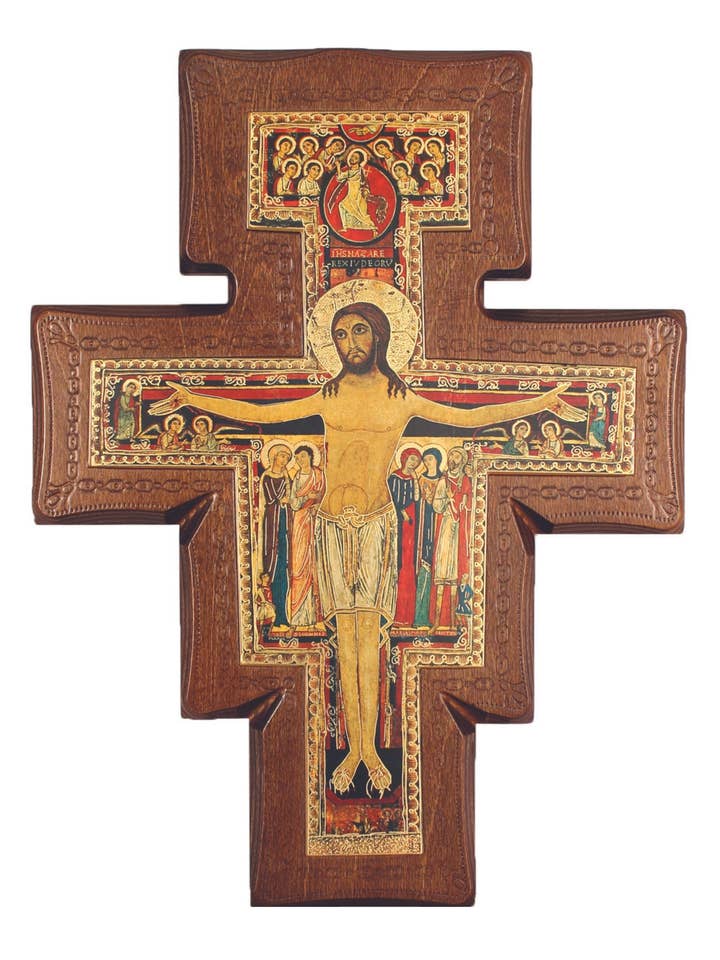 San Damian Cross on Walnut Stained Boarder 11.5" for wholesale by Goldscheider of Vienna