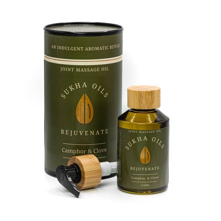 Olio da massaggio per articolazioni, Rejuvenate, confezione da 120 ml, canfora e chiodi di garofano per la vendita all'ingrosso da parte di Sukha Oils Ltd