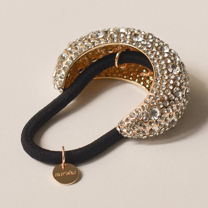 Elástico de Cabelo com Argola Metálica em Forma de Crescente com Pedra Pavimentada | Dourado por atacado de nar'sha