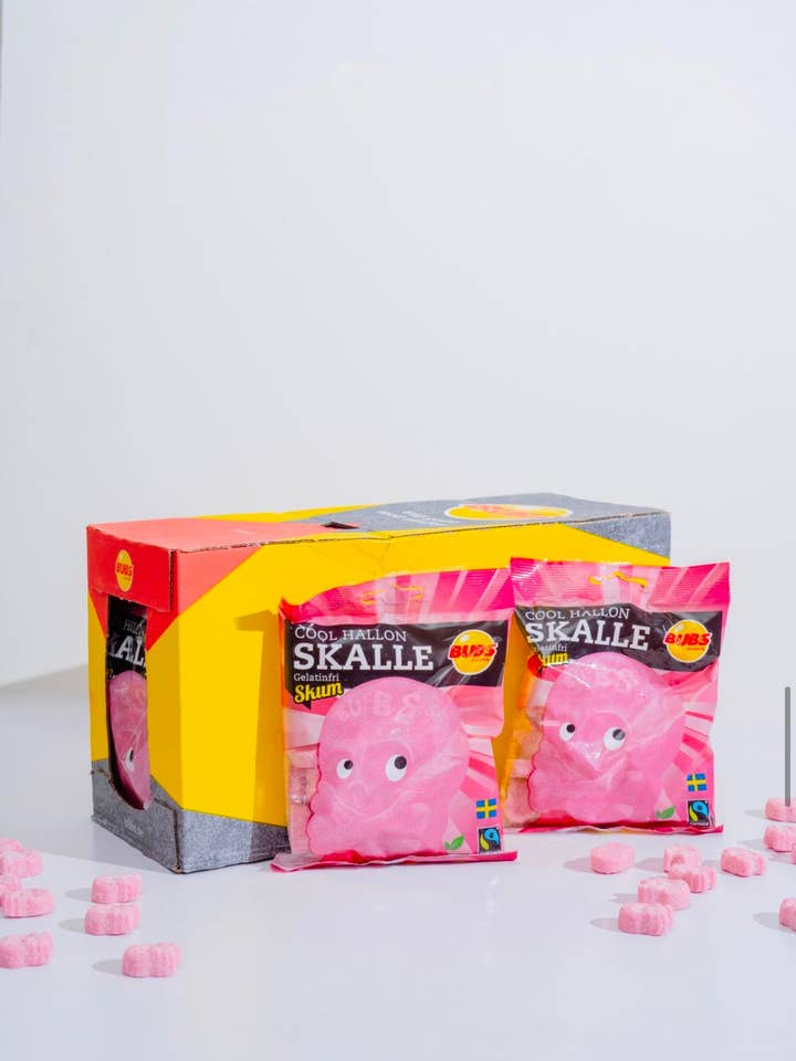 Swedish Candy Bubs Cool Rapsberry Foam Skulls 12 Pack Case for wholesale by Sweet As Fudge Candy Shoppe