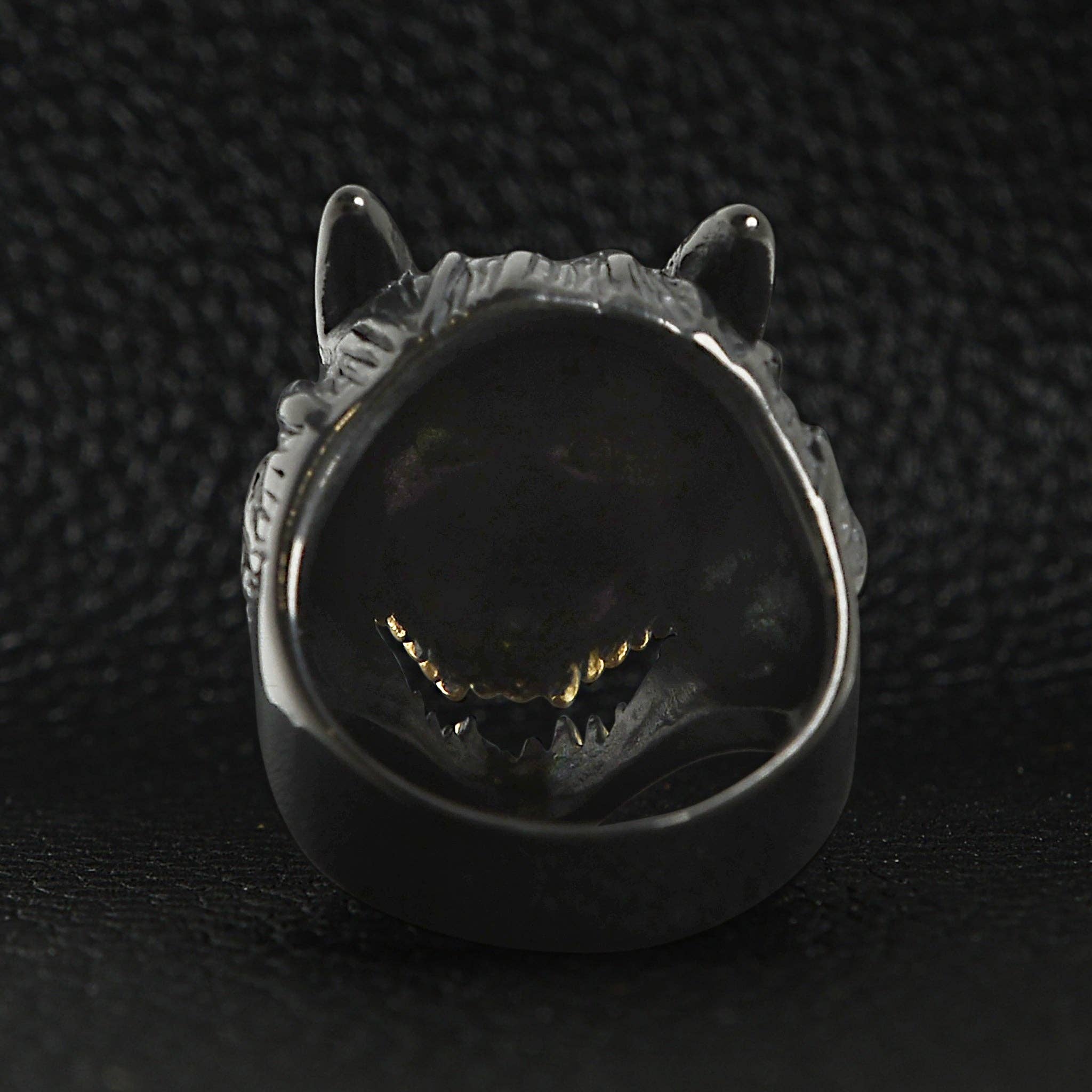 WJW - Wholesale Cocktail/Statement Ring - Stainless Steel Black Wolf With 18K Gold PVD Coated Teeth Ring5