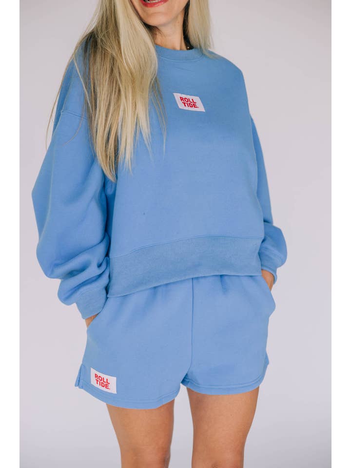 The Becca Crewneck Bright Blue | Roll Tide Woven Label for wholesale on Faire1