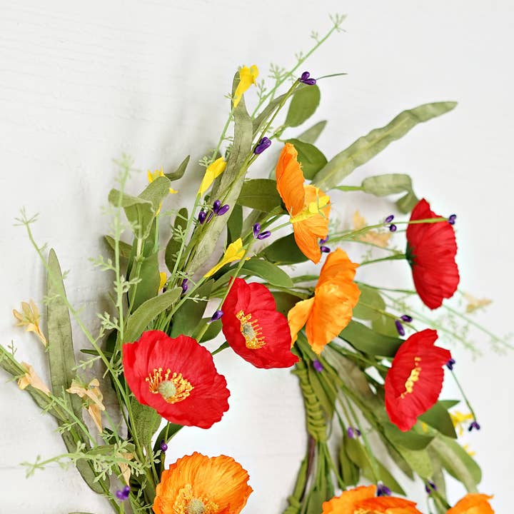 Impressive Enterprises, Inc. - Wholesale Artificial Flowers - 35572- 18in(6.5) Wreath-Orange Red Poppy w. Wild Flower3