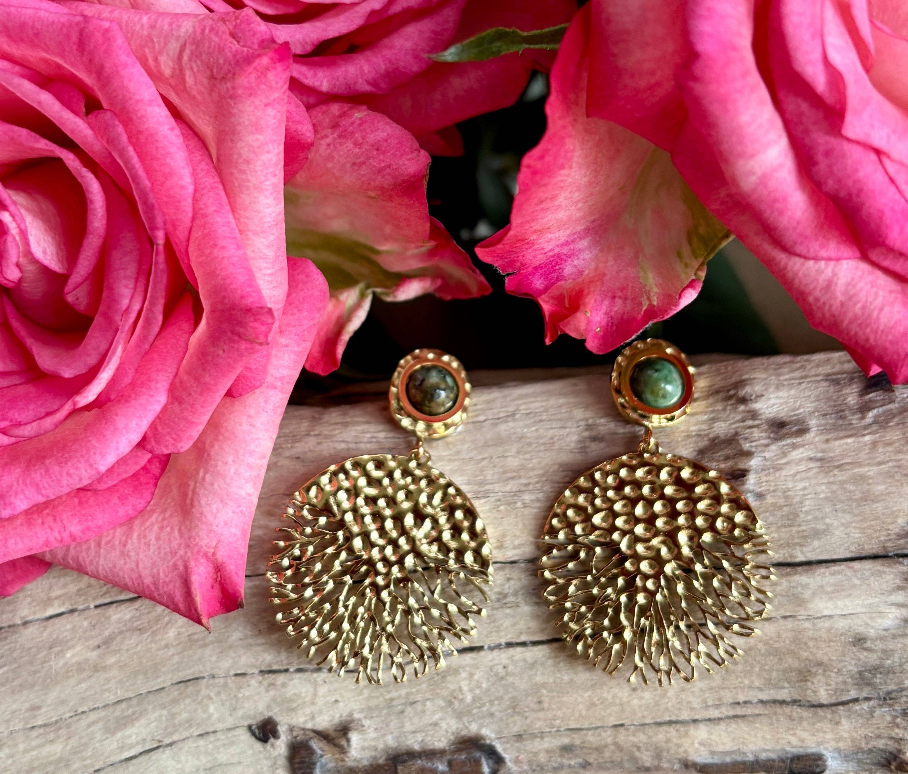 Ocean Ripples - Wholesale Dangle Earrings - 18ct Gold Plated African Turquoise Hammered Disc Earrings2