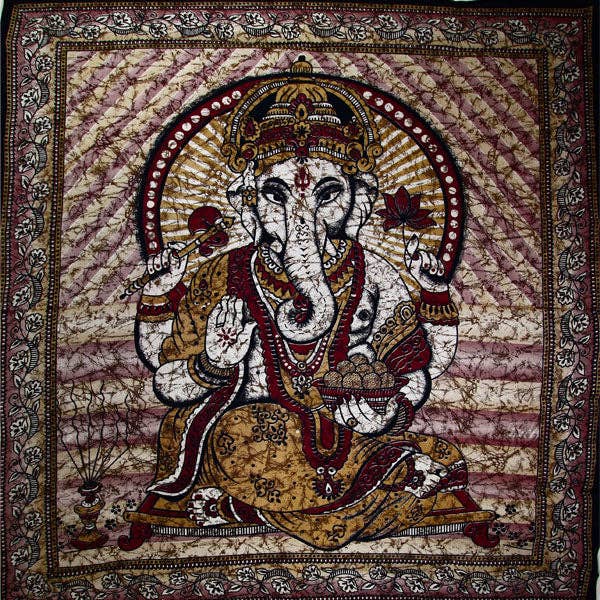 Ganesha Holding Lotus Flower In Batik Style Tie Dye Tapestry for wholesale by Wild Lotus