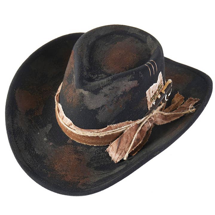 Hana - Wholesale Cowboy Hat - Women's - Distressed Fabric Band Rustic Cowgirl Fedora Hat1