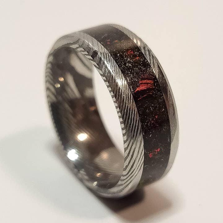 Damascus Steel Ring, Black Fire Opal, Meteorite Shavings for wholesale by Natural Evolution Design