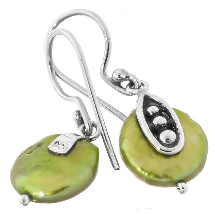 FifiRose - Wholesale Dangle Earrings - 925 silver cute green biwa freshwater coin pearl sterling earrings, 11/16"2