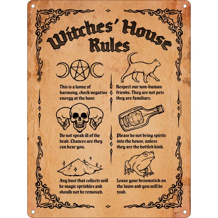 Grindstore - Vente Pancarte - Mini plaque en étain « Witches' House Rules »