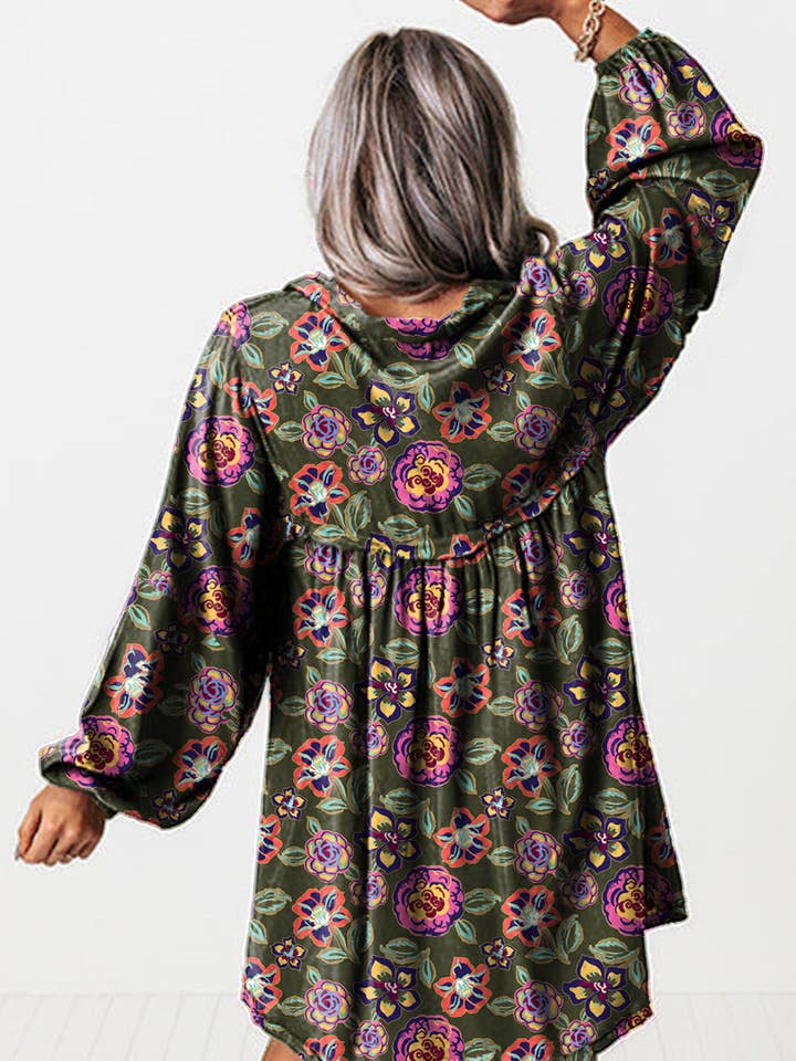 Green Floral Print Split Neck Bubble Sleeve Shift Mini Dress for wholesale on Faire2