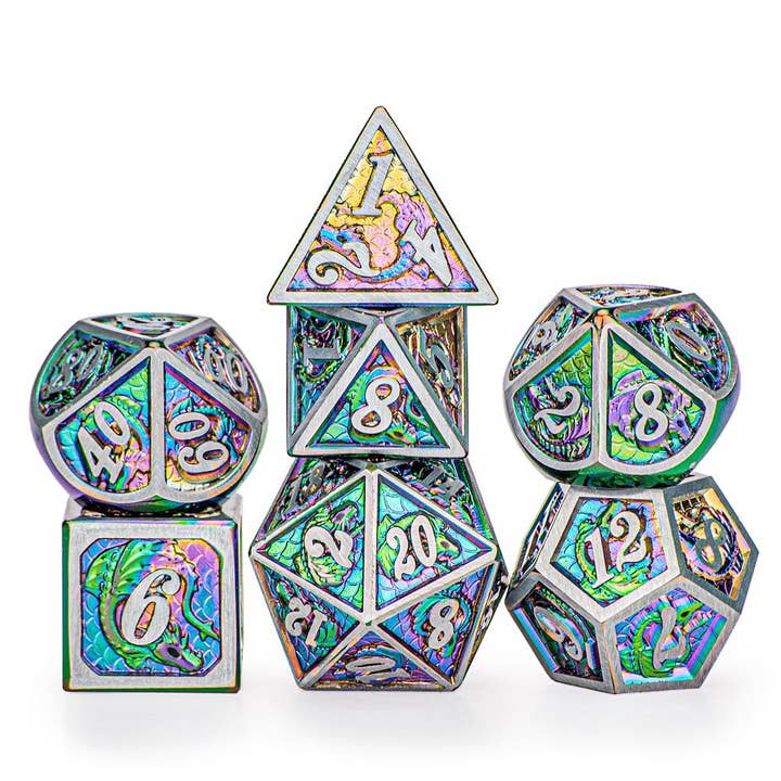 Brushed Rainbow Solid Metal Dragon Polyhedral Dice Set for wholesale by Hymgho Premium Dice