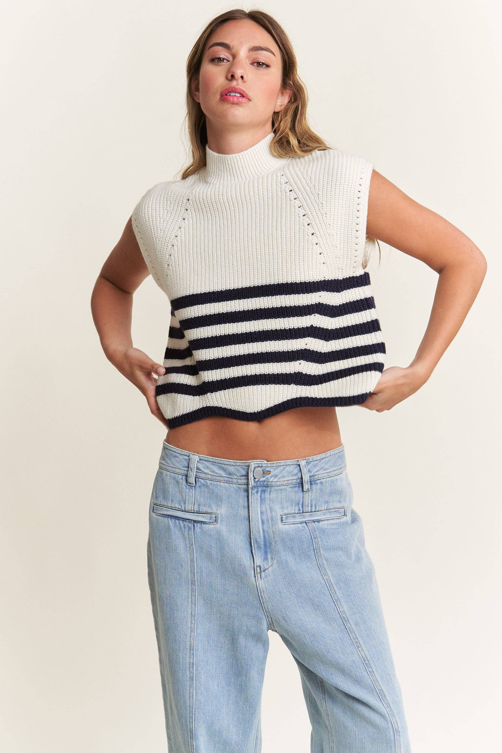 In The Beginning - Vente Pull en maille – femme - Pull sans manches à col roulé bleu marine/ivoire7