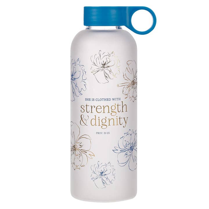 Water Bottle Glass Strength & Dignity Prov. 31:25 for wholesale by Christian Art Gifts