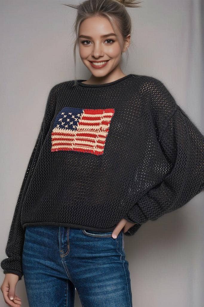 42POPS - Wholesale Knit Sweater - Women's - 1029 4th of July American Flag Crew Neck Sweater SI-280451