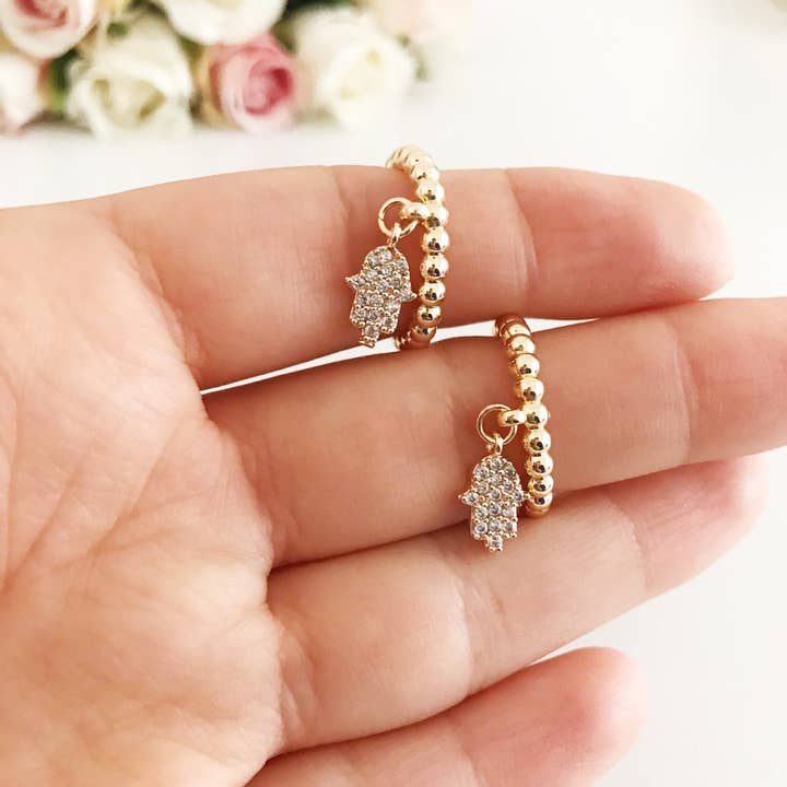 Evileyefavor - Wholesale Charm/dangle bracelet - Gold Hamsa Hand Charm Ring4