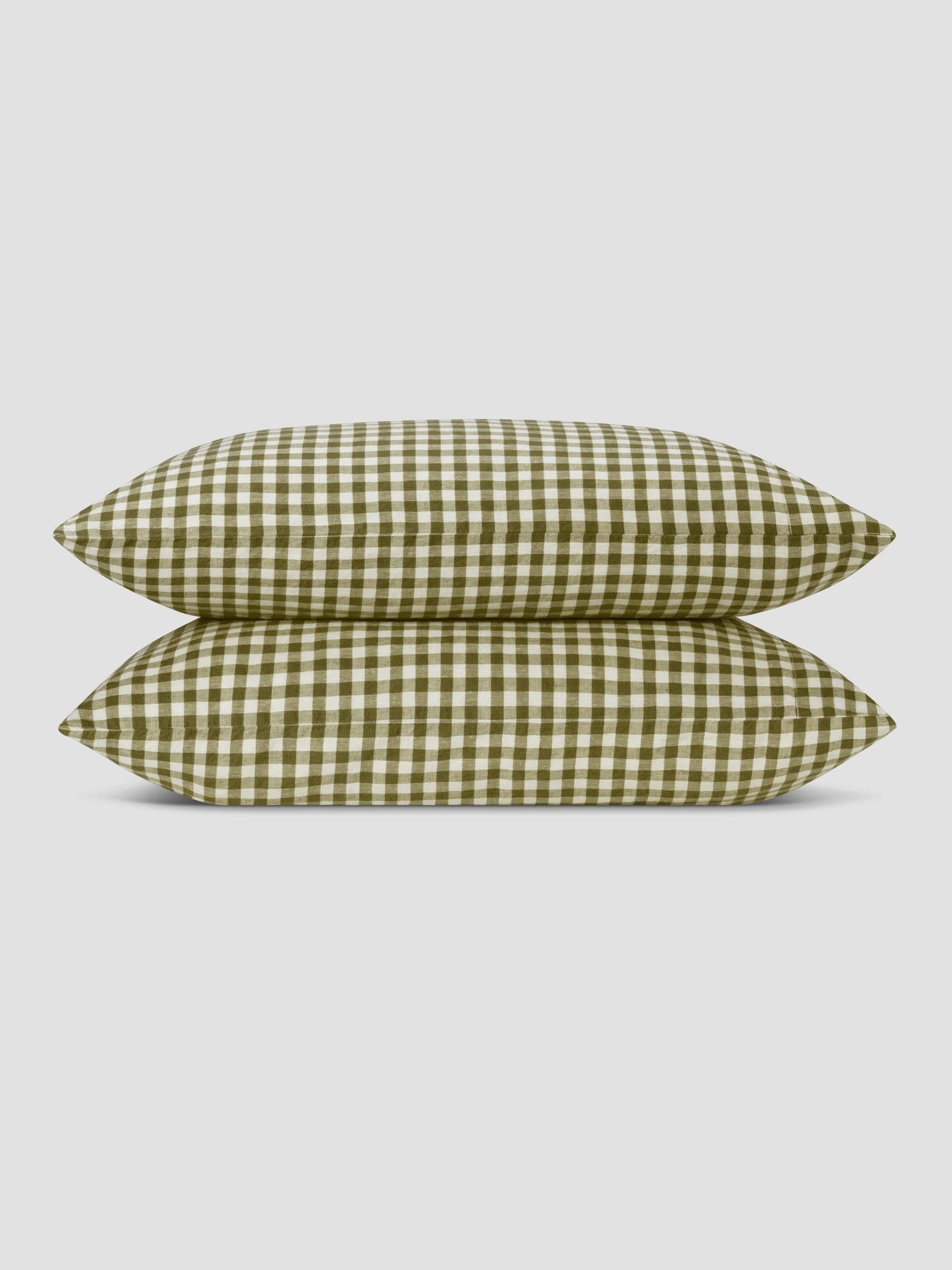 Piglet in Bed USA - Wholesale Bedding Pillowcase/Sham - Botanical Green Gingham 100% Linen Pillowcases (Pair)1