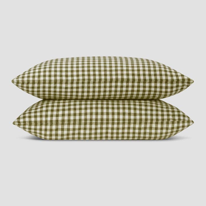 Piglet in Bed USA - Wholesale Bedding Pillowcase/Sham - Botanical Green Gingham 100% Linen Pillowcases (Pair)1