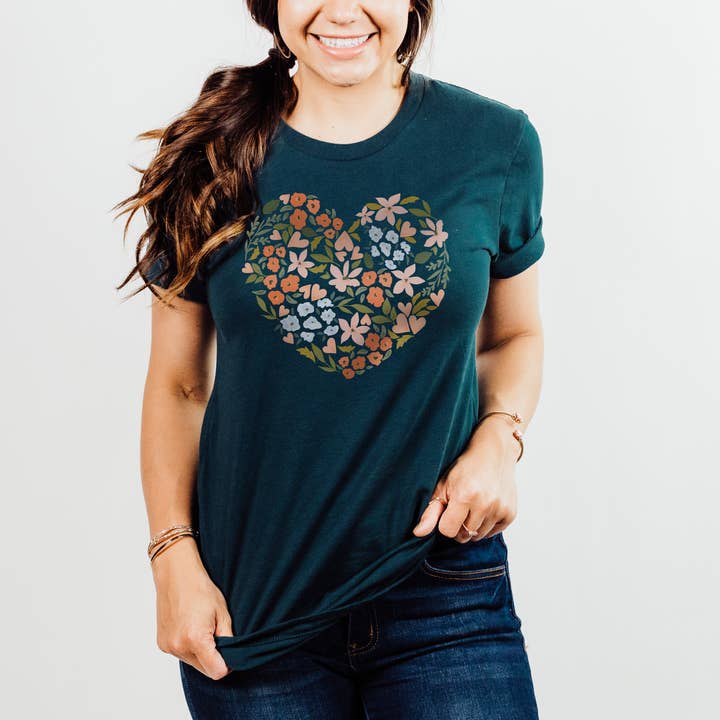 Loopty Loo Designs - Wholesale Screen Printed T-Shirt - Women's - FLORAL HEART RETRO TEE | FLORAL | SIZES XS-2XL