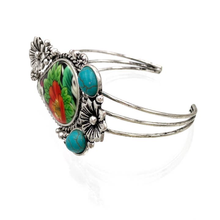 Lunar Deer - Wholesale Cuff Bracelet - Painted Flowers Epoxy Resin Teardrop Turquoise Open Bangle