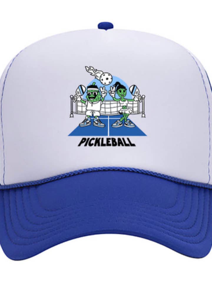 Casquette Pickleball Trucker représentant « Ace et Dinky », le couple le plus sexy (bleu) pour la vente par B6B clothing and apparel