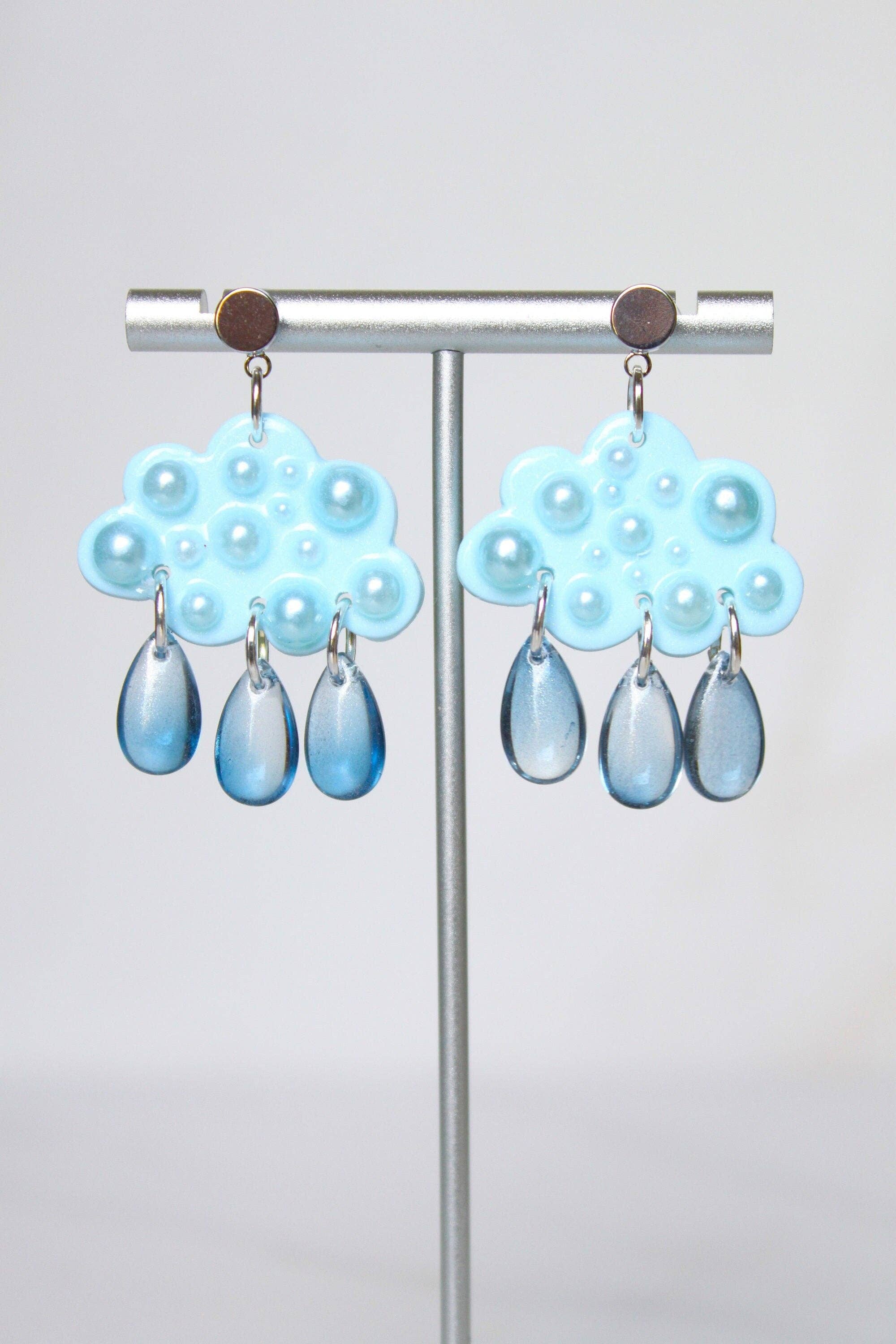REMOVED BRAND - Wholesale Dangle Earrings - Pearl Clay Cloud Earrings - Cloud Earrings Dangle - Polymer clay statement earrings - Clouds with acrylic rain drops - Rain Cloud Earrings0