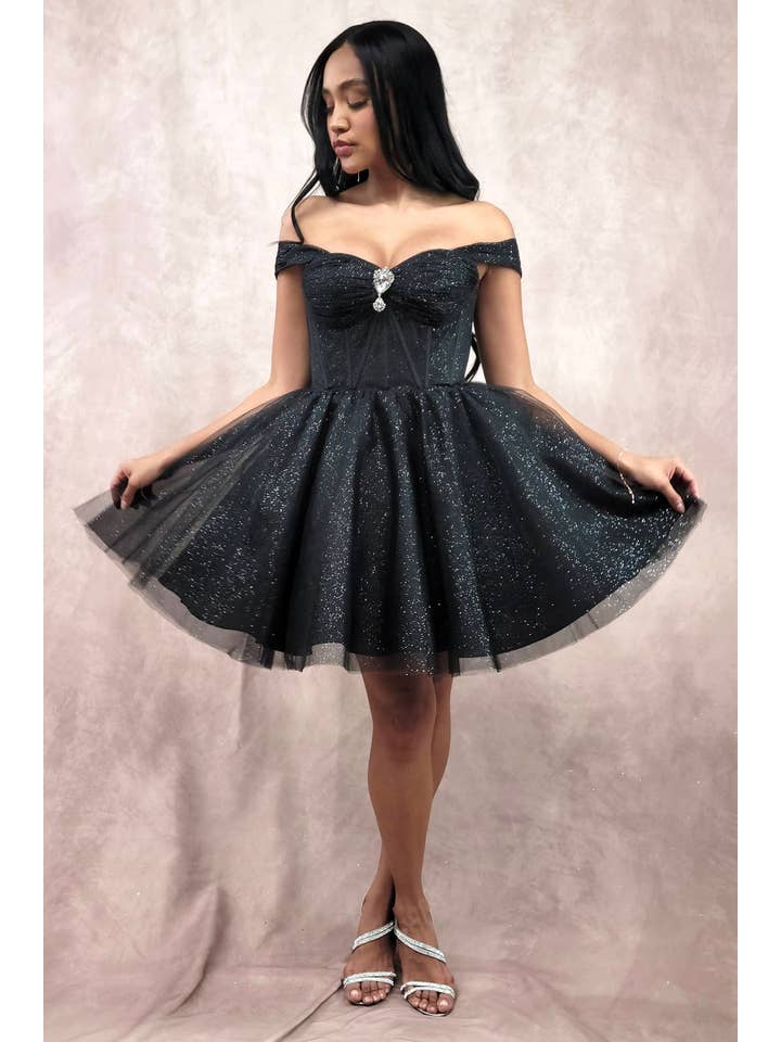 Chicas - Wholesale Dress - Women's - Short Off The Shoulder Tulle Dress With Brooch