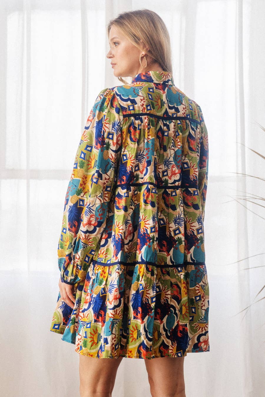 Taupe Multi Conversational Printed Baby Doll Shirt Dress for wholesale on Faire4