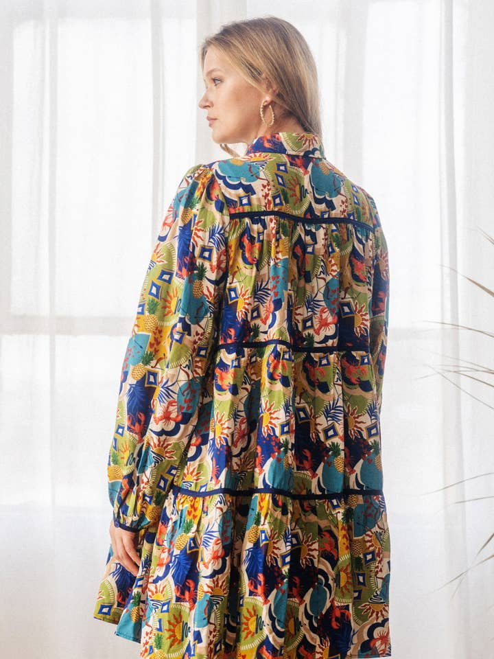 Taupe Multi Conversational Printed Baby Doll Shirt Dress for wholesale on Faire4