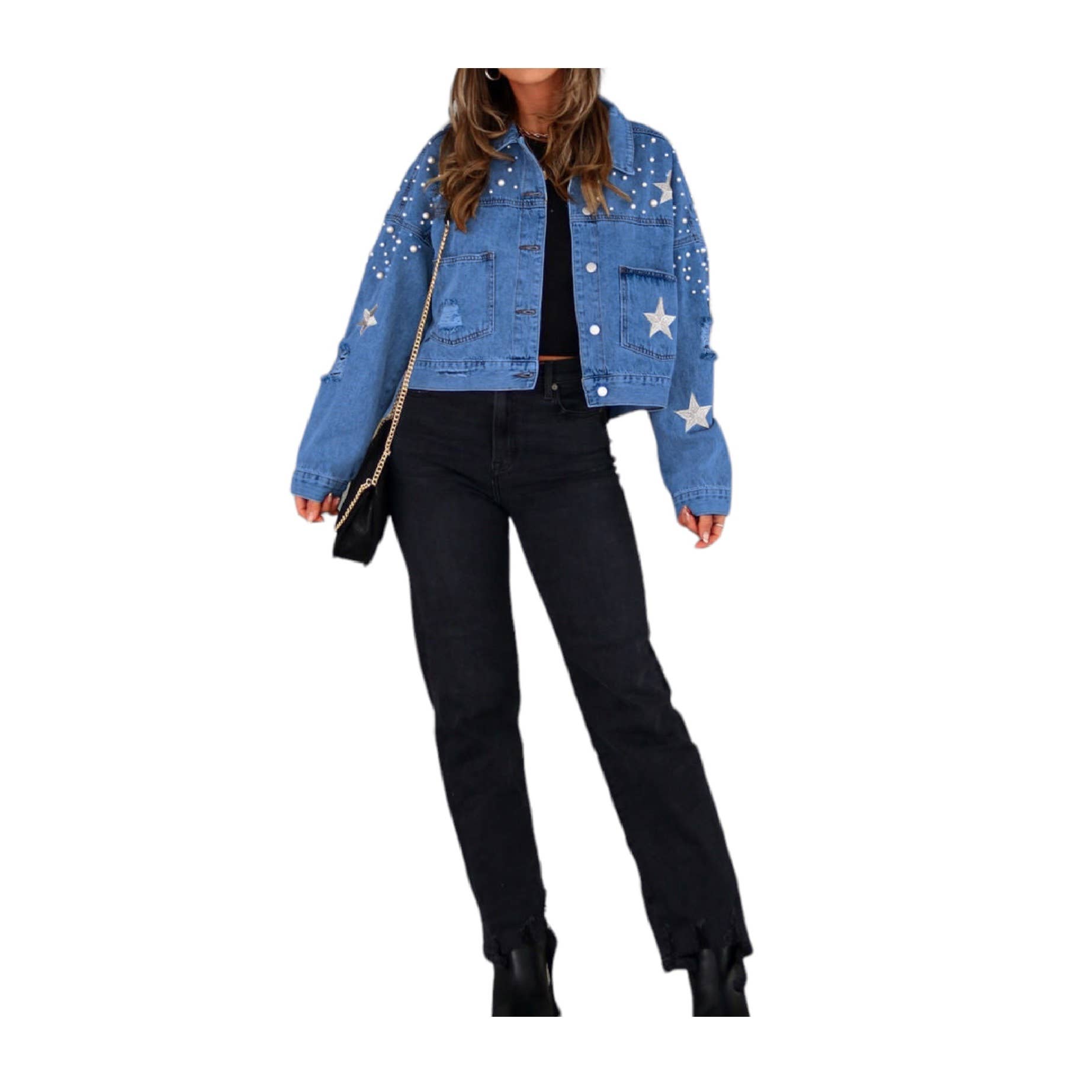 Mapcie - Wholesale Denim Jacket - Women's - STAR DETAIL RIPPED DENIM PEARL JACKET10