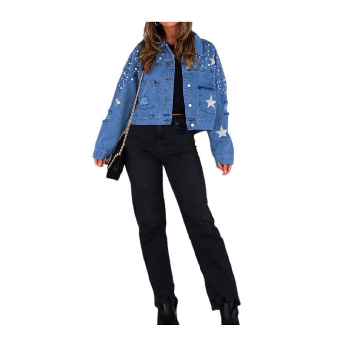 Mapcie - Wholesale Denim Jacket - Women's - STAR DETAIL RIPPED DENIM PEARL JACKET10