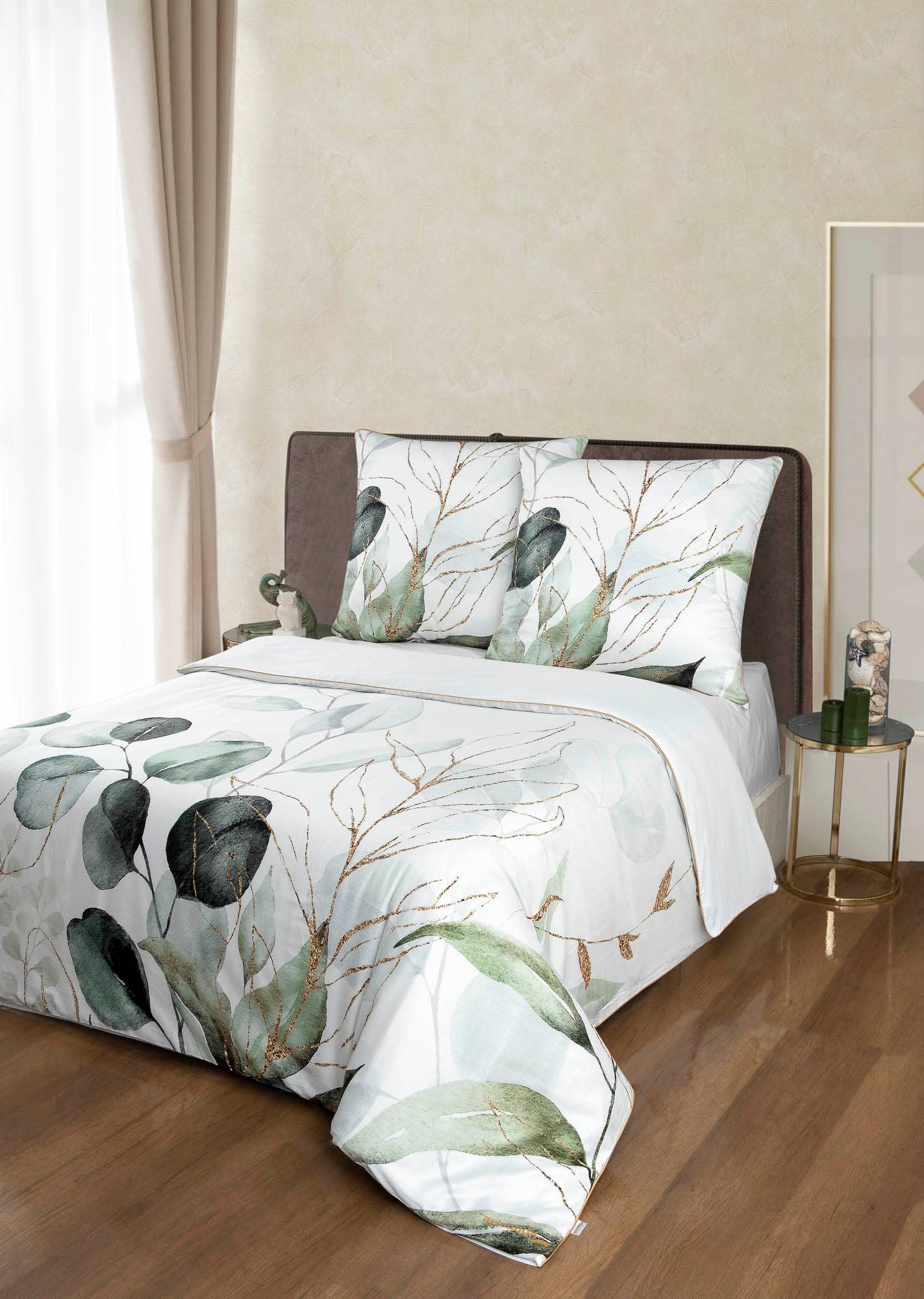 Aymando Home – wholesale Sängkläder – Deluxe bäddset i 100 % bomulls Mako satin, bladmönster i olivgrönt7