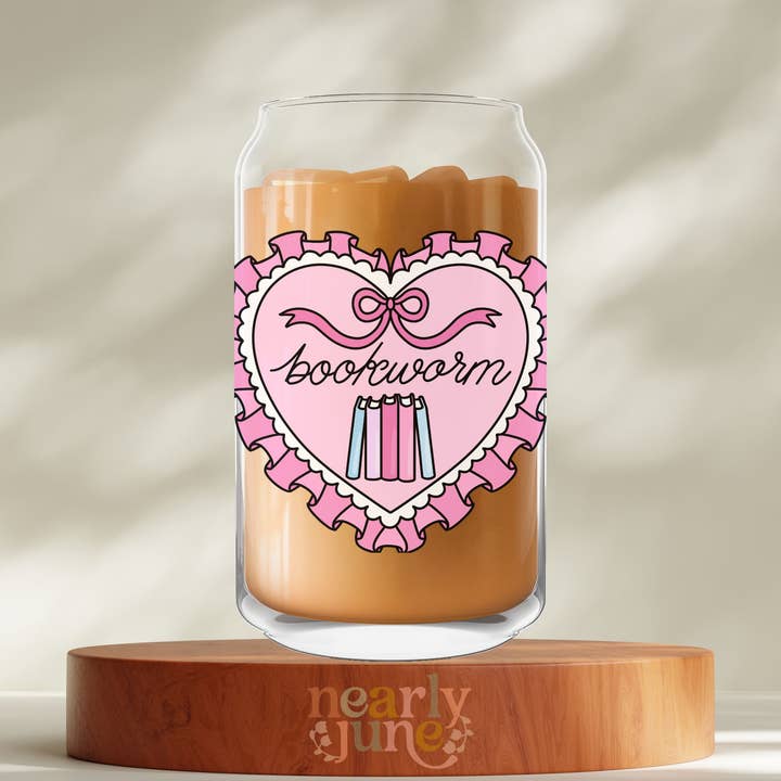 Nearly June Design Co - Wholesale Drinking Glass/Cup - Bookworm Ruffle Heart Bookish Can Coffee Glass0