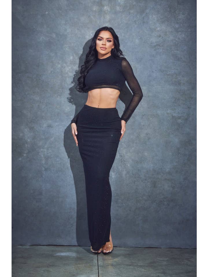 Black 2 PC Rhinestone Mesh Skirt Set for wholesale on Faire
