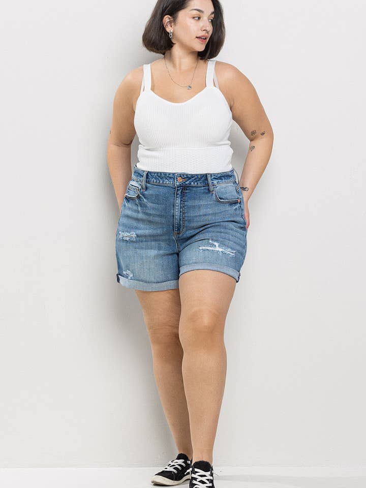 Sneak Peek - Wholesale Shorts - Women's - MID RISE PLUS TOMBOY DENIM SHORTS & CUFF HEM SP-S7389M-PL