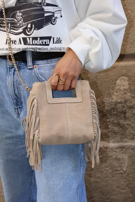 Cassette Barcelona - Wholesale Crossbody Bag - Women's - Mina Suede Leather Tassel Crossbody Bag Khaki Green8